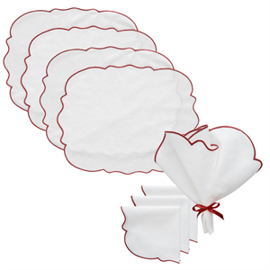 Decotique Gia Tea Set 4 Placemats + 4 Napkins White/ Burgundy